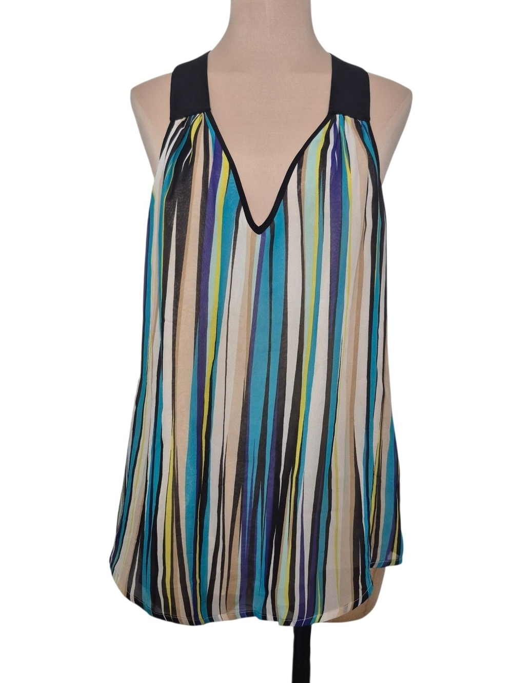 Trina Turk Multicolor Vertical Stripe V-Neck Sleeveless Blouse Size Medium